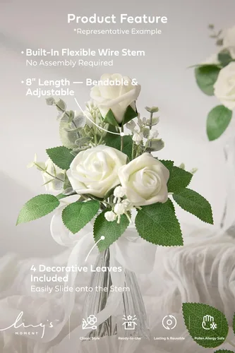 Vista 5 de Ling's moment Paquete de 25 capullos de rosas artificiales y rosas pequeñas con tallo, para ramos de boda, centros de mesa, decoración de ramilletes