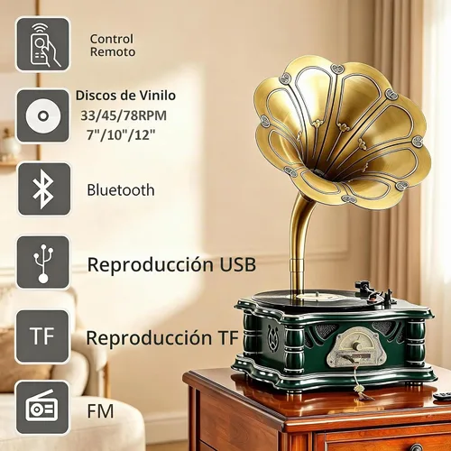 Vista 2 de Tocadiscos vintage de madera para gramófono, tocadiscos de fonógrafo retro, tocadiscos de 3 velocidades para discos de vinilo con reproducción