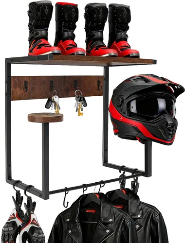Vista 8 de Soporte de pared para casco, estante retro para casco con tabla de madera, 2 soportes para casco para almacenamiento de equipo de motocicleta