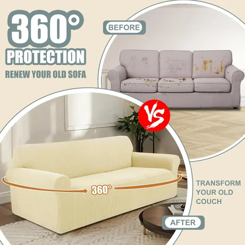 Vista 3 de Funda elástica para sofá, lavable, protector de muebles con espuma antideslizante y parte inferior elástica para niños, perros (sofá biplaza/beige)