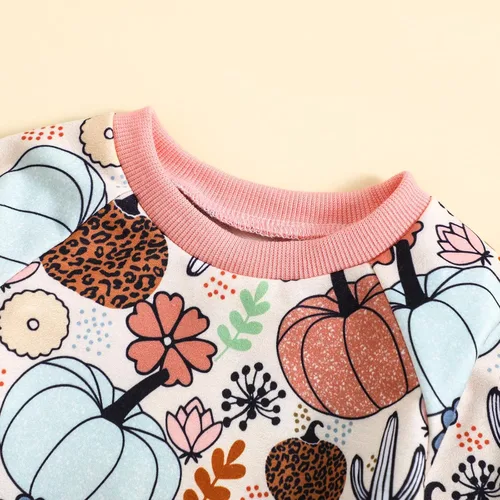 Vista 4 de Kayotuas Conjunto de camisa y pantalones de manga larga con cuello redondo para bebé, disfraz de calabaza, fantasma, calabaza, fantasma, camiseta