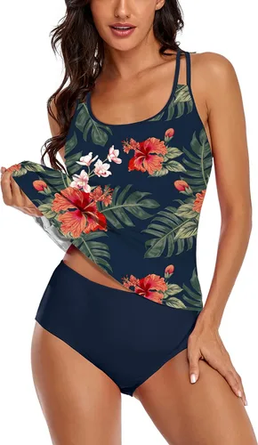 Vista 2 de Omichic Modest Tankini Sets for Womens Swimsuits 2 Piece Athletic Bathing Suits Flowy Tank Top with Mid-Waist Bikini Bottom