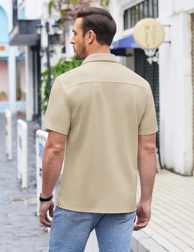 Vista 3 de COOFANDY Camisas casuales con botones para hombre, manga corta, ajuste regular, camisa de playa
