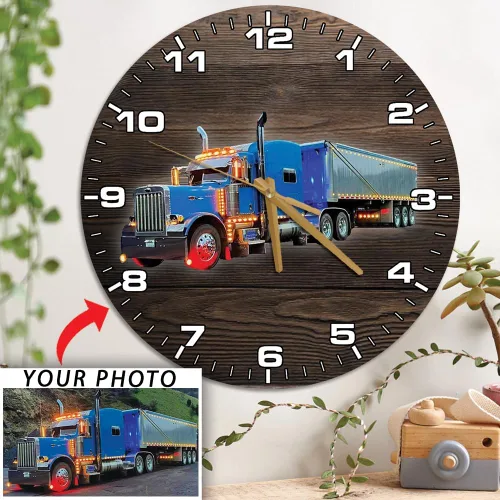 Vista 2 de Reloj de pared personalizado con foto para los amantes de los camiones grandes, semi camiones, reloj de madera de 12 pulgadas, decoración del hogar