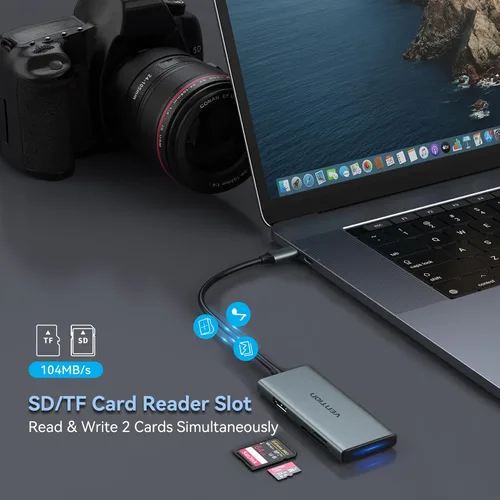 Vista 5 de Hub USB C para MacBook, VENTION USB tipo C Hub multipuerto adaptador 6 en 1 con 4K HDMI USB 3.0 transferencia de datos SD/TF lector de tarjetas, USB