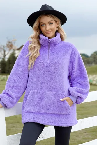Vista 2 de Sudadera de forro polar mullido para mujer, con cierre de oso, cuello alto, de gran tamaño, con bolsillo