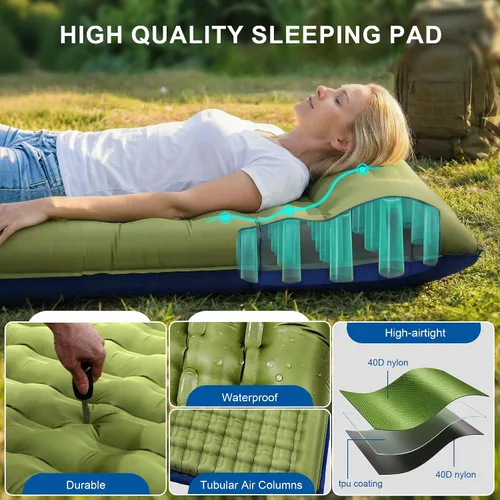 Vista 4 de Almohadilla doble para acampar de 5.5 pulgadas, ultra gruesa con Colchón para dormir, compacto para 2 personas, portátil, para mochileros Verde