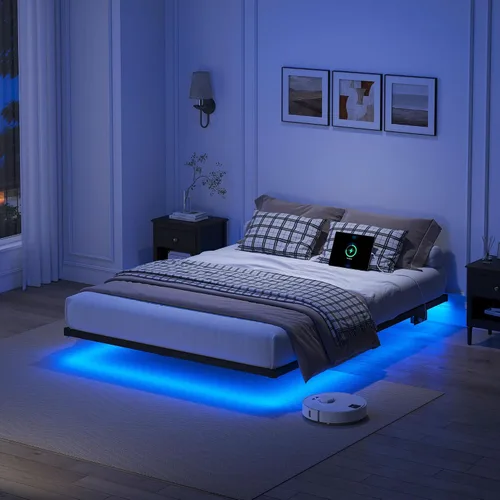 Vista 10 de YORMDMO Base de cama flotante tamaño individual, marco de cama resistente con luces LED inteligentes y estación de carga, cama moderna de plataforma