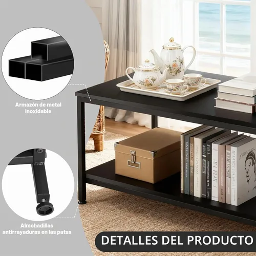 Vista 6 de SUPER DEAL - Mesa de café industrial de 2 niveles con estante de almacenamiento para apartamento pequeño, sala de estar, mesa auxiliar rectangular