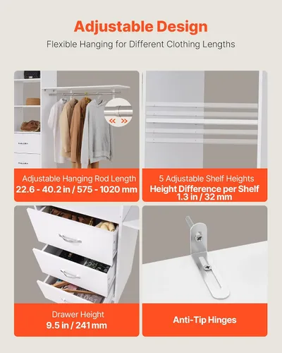 Vista 5 de VEVOR Sistema de Armario con 3 Cajones, Organizadores de Armario de Madera de Altura Ajustable, Organización Moderna de Vestidor con 3 Barras