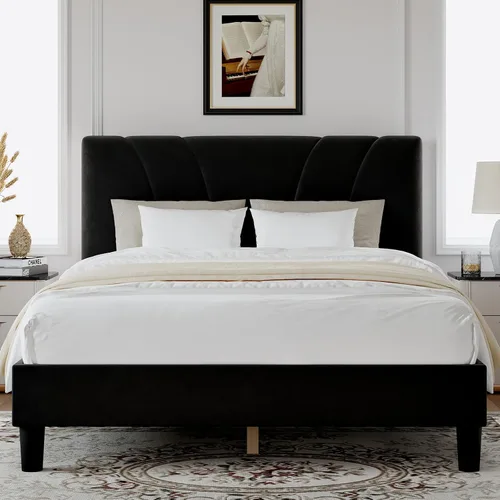 Vista 9 de Novilla Base de cama de tamaño matrimonial con plataforma de cabecera ajustable, base de cama matrimonial con cabecera tapizada de tela de lino,