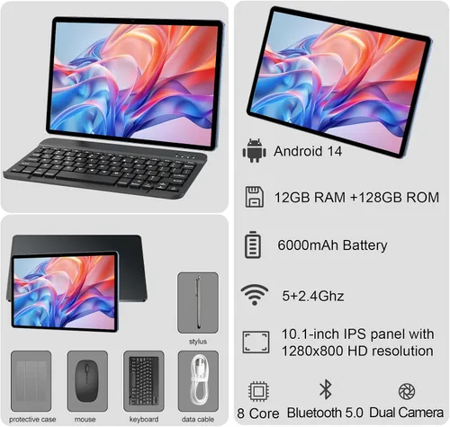 Vista 4 de Tablet Android 14 2025 de 10 pulgadas, 12 GB de RAM+128 GB de ROM 1 TB expandible, tableta 2 en 1 con funda de teclado, mouse y lápiz capacitivo