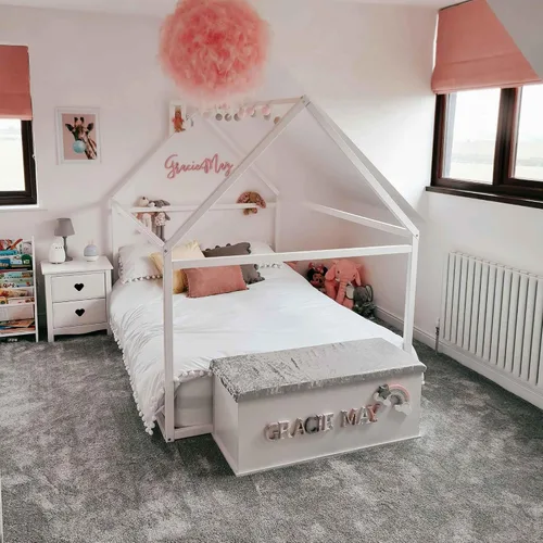 Vista 3 de Cama Montessori tamaño Queen, marco de cama Montessori con forma de casa para niños pequeños con listones debajo del colchón, marco de cama