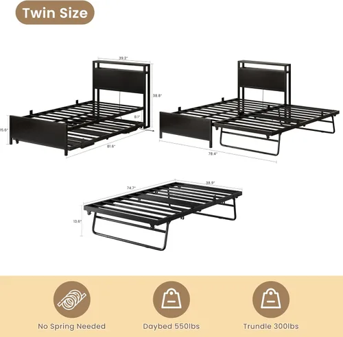Vista 2 de IRONCK Twin Daybed with Trundle Bed & Storage Headboard & Charging Station Sturdy Metal Twin Bed Frame, Space-Saving Pop Up Trundle Bed for
