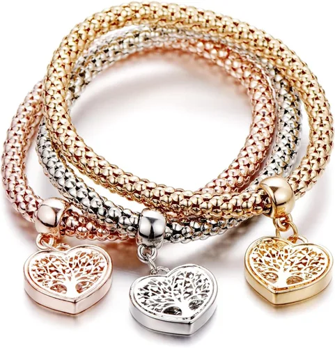 Vista 16 de SILANER Pulseras multicapa con dijes de cristal, 3 pulseras de cadena de maíz de oro/plata/oro rosa para mujer, pulsera elástica en forma de corazón
