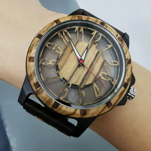 Vista 8 de Brown Deep Black Ebony Zebra Reloj de cuarzo de madera para hombre, correa de madera con cierre plegable para hombres