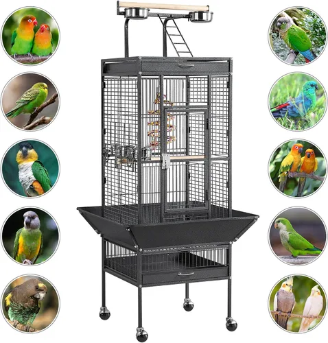 Vista 8 de Jaula para pájaros y accesorios de Yaheetech. Ideal para loros, cacatúas, periquitos., Negro