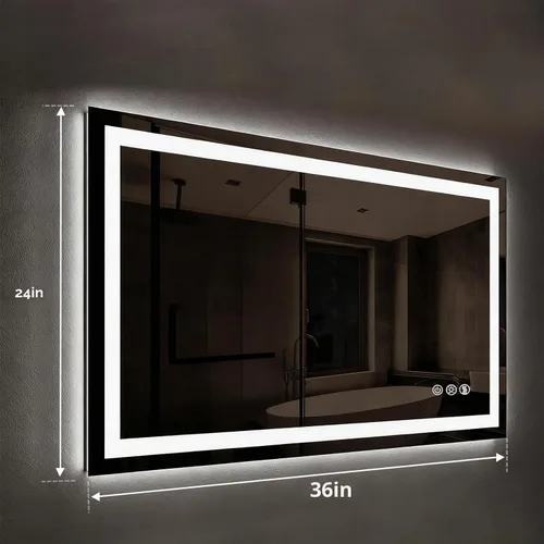 Vista 7 de ROOMTEC Espejo de baño LED de 36 x 24 pulgadas con parte delantera y retroiluminada, antiniebla, 3 colores y luz regulable (horizontal/vertical)