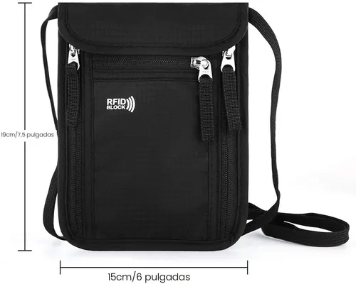 Vista 4 de Bolsa de viaje para el cuello, cartera para pasaporte familiar, funda organizadora con bloqueo RFID Negro