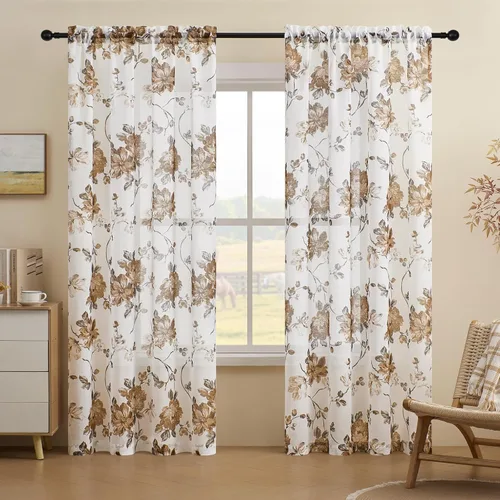 Vista 16 de FOLKSIDE - Cortinas florales azules, 63 pulgadas de largo, juego de 2 paneles, bolsillo para barra, cortinas florales semitransparentes