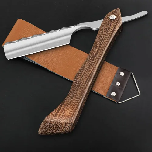 Vista 9 de Navaja de afeitar recta con estropajo - Afeitadora profesional de borde recto de acero inoxidable premium para barbero con estropajo para aseo