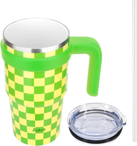 Vista 10 de Zukro - Vaso aislado con forro de cerámica de 20 onzas con asa y pajilla, diseño a cuadros No Metal Taste, Double Wall Stainless Steel Coffee Cup