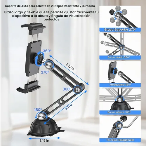 Vista 5 de PLDHPRO - Soporte para tablet para tablero de automóvil y parabrisas, soporte de iPad con ventosa para camión, se adapta a iPad Pro Air Mini Galaxy