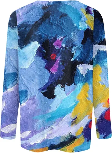 Vista 3 de Lindas camisas para mujer, cuello redondo, manga larga, informal, estampadas, para otoño