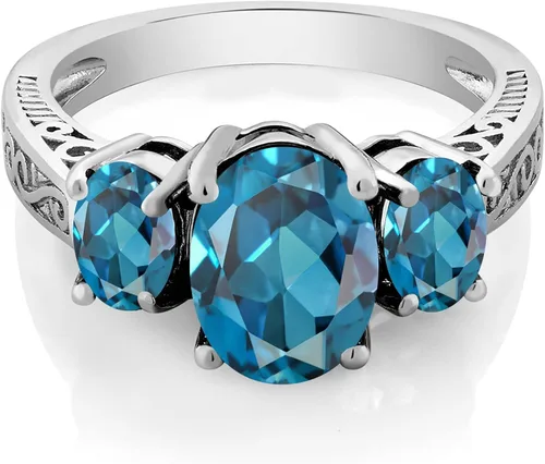 Vista 2 de Gem Stone King Anillo ovalado de plata de ley 925 con topacio azul Londres de compromiso para mujer