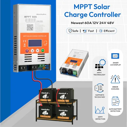 Vista 2 de 60A Controlador de carga solar MPPT V124 – Actualizado, detección automática de 12V/24V/48V, compatible con baterías de plomo-ácido y litio, entrada