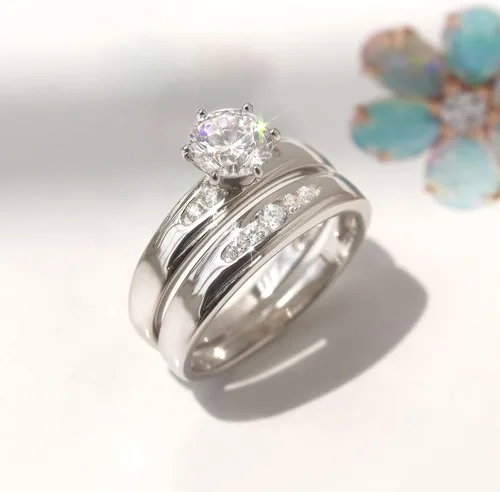 Vista 4 de Juego de anillos de boda solitarios de plata de ley con circonita blanca de 0.236 in (talla 5 a 10)