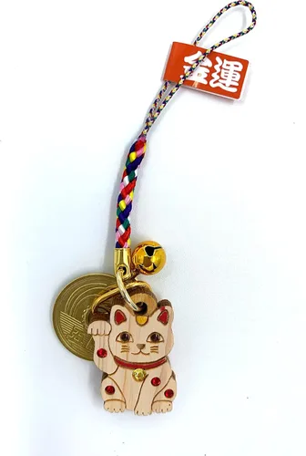 Vista 3 de Llavero de gato de la suerte japonés de 5 yenes para la riqueza, felicidad, llavero de gato Beckoning, Feng Shui, Fengshui, regalo de cumpleaños