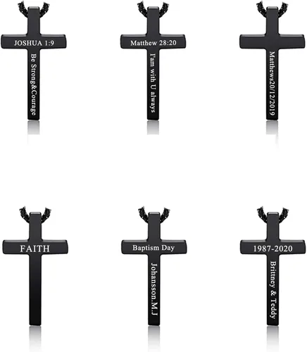 Vista 2 de Jovivi Collar de cruz personalizado para hombres y mujeres, grabado de acero inoxidable, placa de perro lisa, colgante de cruz de 24 pulgadas