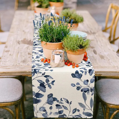 Vista 2 de AnyDesign Camino de mesa azul y blanco de 13 x 71.2 pulgadas, hojas de plantas azules, cubierta de mesa de acuarela, cocina, comedor, decoración