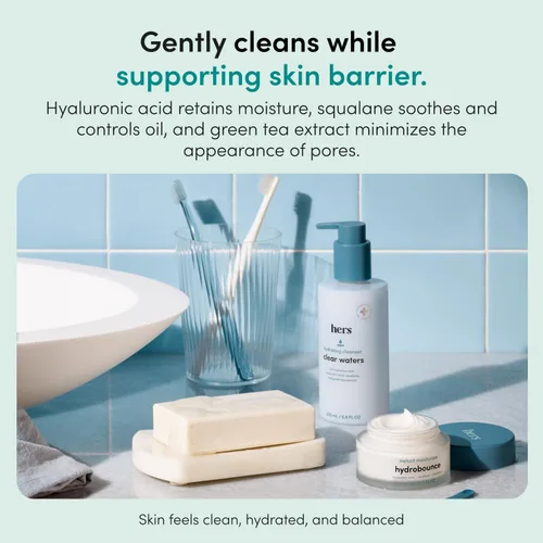 Vista 3 de Hers Clear Waters Limpiador facial – Ácido hialurónico, escualano y extracto de té verde – Lavado facial hidratante para todo tipo de piel – pH