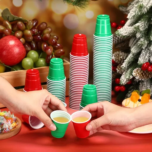 Vista 7 de Yinkin 200 vasos de chupito de plástico de Navidad a granel de 2 onzas, mini vasos de chupito desechables, mini vasos de chupito para muestras