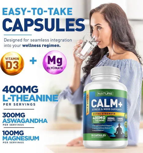 Vista 7 de Built by Nature Calm+ Relajación y Enfoque – Apoyo al estrés, Cortisol y estado de ánimo – Suplemento calmante con L-teanina, Ashwagandha, glicinato