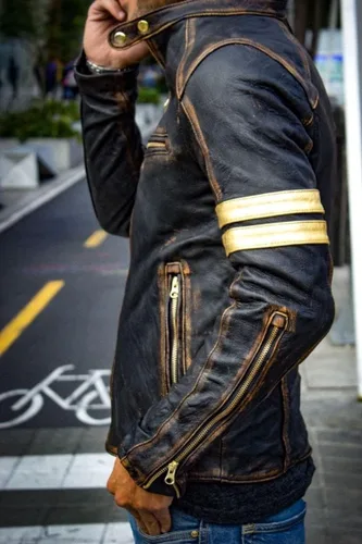 Vista 3 de Elite Vintage Café Racer Chaqueta de cuero envejecido para hombre.