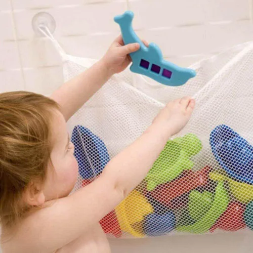 Vista 5 de Cesta de malla para niños, bañera de bebé, red de almacenamiento de juguetes, plegable, organizador de bolsa colgante para baño