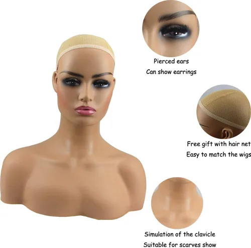 Vista 3 de Voloria Cabeza de maniquí femenina realista con maniquí de hombro, cabeza de PVC, busto de peluca, soporte para pelucas, peinado, gafas de sol