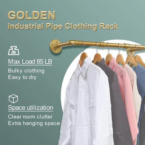 Vista 4 de Perchero de ropa de oro de tubería industrial, Perchero dorado montado en la pared de 30 pulgadas, Perchero de ropa de tubería industrial, Barra