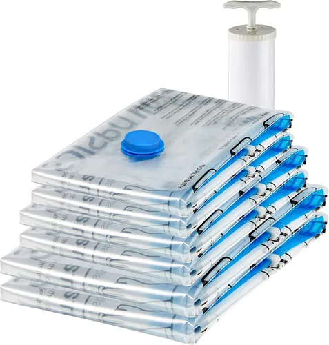 Vista 10 de Amazon Basics Bolsas de almacenamiento con cremallera de compresión al vacío con bomba de mano, medianas, transparentes, paquete de 5, blanco, azul
