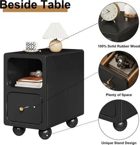 Vista 4 de Mesita de noche de madera maciza, mesita de noche estrecha con cajones, mesita de noche moderna negra de mediados de siglo, mesita de noche pequeña