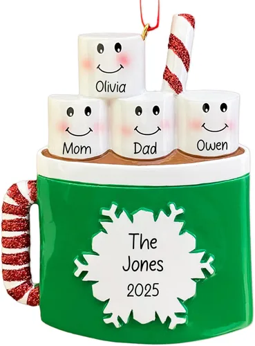 Vista 7 de Adorno de Navidad personalizado de familia de 3 de chocolate caliente 2026 Malvaviscos personalizados en taza de cacao con bastón de caramelo