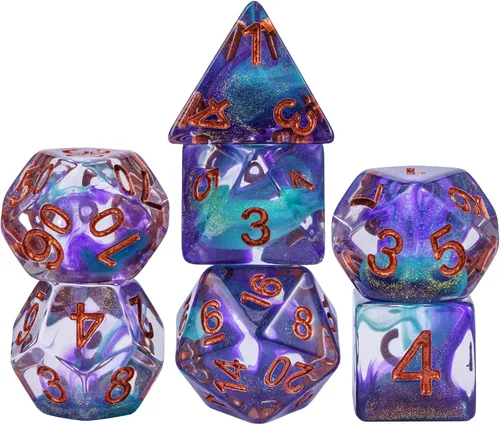 Vista 29 de Juego de dados de resina para DND, juego de 7 dados poliédricos negros D&D rellenos con papel de colores brillantes para juegos de rol