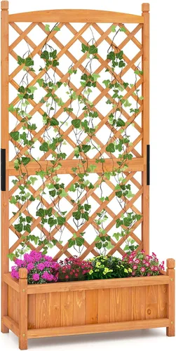 Vista 13 de HAPPYGRILL Cama de jardín elevada de 72.5 pulgadas con enrejado y jardinera