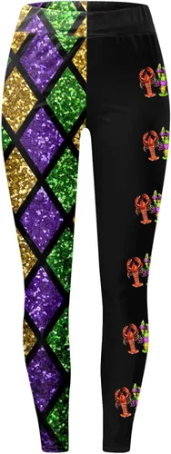 Vista 4 de Traje de Mardi Gras para mujer, leggings de Mardi Gras, con lentejuelas, bloque de color, gráfico, carnaval, festival, fiesta, pantalones de yoga