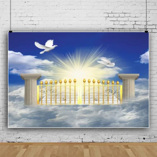 Vista 3 de Telón de fondo del cielo de 5x3 pies Puerta del cielo Puerta del paraíso Fondo fotográfico para niños, alfombra de baby shower, pancarta