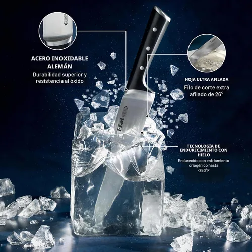 Vista 3 de T-fal Ice Force - Juego de cuchillos de cocina de acero inoxidable alemán y bloque de madera, 11 piezas, afilado de larga duración, alta precisión