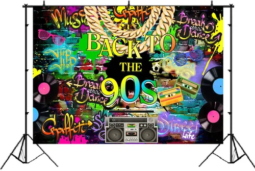 Vista 2 de Decoraciones de fiesta de hip hop de los años 90 de 7 x 5 pies, pared de ladrillo de regreso a fondos de los años 90 para fiestas I Love The 90